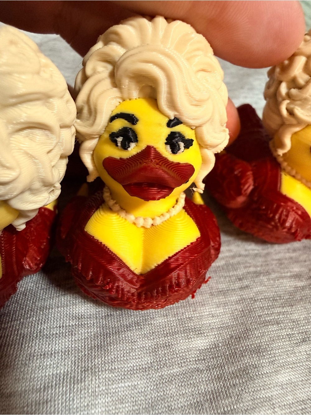 Jeep Yellow Duck Brooch with Cream Hair and Red Outfit
